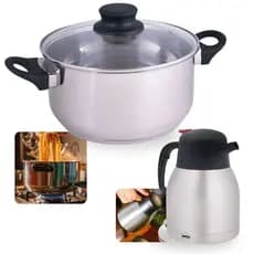 Kit Panela Caçarola 25cm em Inox 5,3l Fundo Triplo Indução e Gás + Garrafa Termica em Inox 1,2l com Gatilho