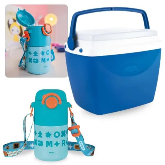 Kit Garrafa Térmica Kids Azul 500ml Aço Inox Alça e Canudo + Caixa Térmica 6 Litros Pequena Azul