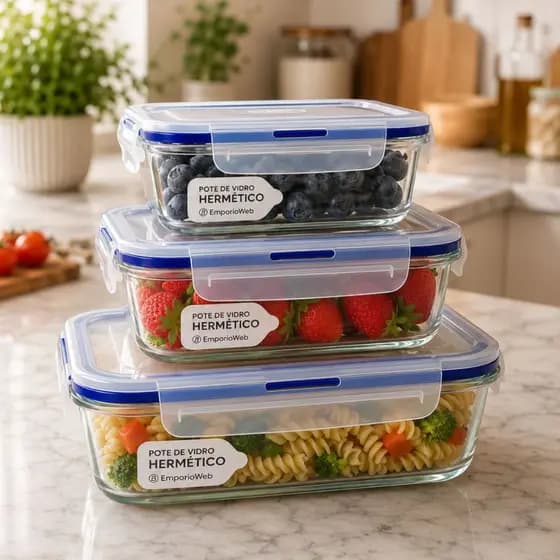 Kit 3 Potes Vidro Tampa Hermética 370ml + 640ml + 1040ml Marmita Armazenar Alimento Comidas