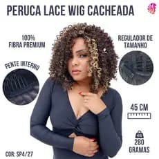 Peruca Lace Wig Cacheada Afro 45 cm - Fibra 100% Organica - Cheia - Regulavel