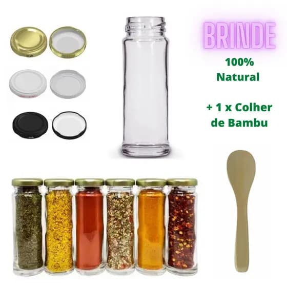 6x Potes Vidro com Tampa Metal 100ml Tempero Porta Condimentos - 1x Colher Bambu