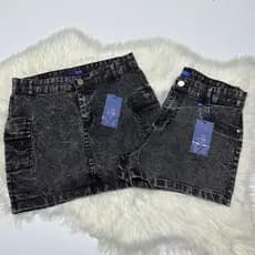Kit Short Jeans marmorizado+Saia Cargo com Lycra Curta  Cintura alta Ume jeans Barata Empina Bumbum