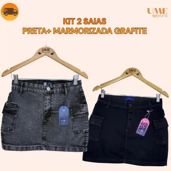 Kit 2 Saias Preta+Marmorizado Grafite Saia Cargo Curta Cintura Alta Elastano Barata Plus Size