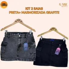 Kit 2 Saias Preta+Marmorizado Grafite Saia Cargo Curta Cintura Alta Elastano Barata Plus Size