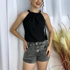 Short Preto Jeans Marmorizado Manchado Levanta Bumbum com Pinças Short Curto Cintura Alta Lycra Plus