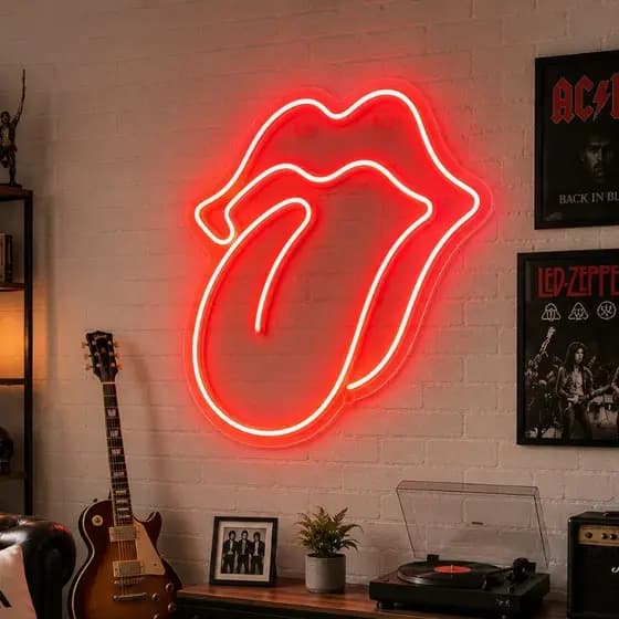 Luminária Placa Acrílico Led Neon Boca Retrô Rolling Stones Letreiro Decorativo Bar Pub Vintage Rock