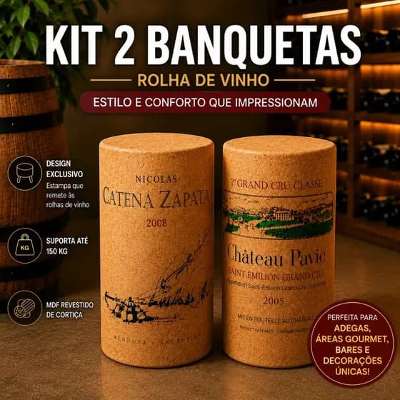Kit 2 Banquetas Banco Rolha De Vinho Catena + Pavie Cortiça Decorativa Adega Bar Luxo Moderna
