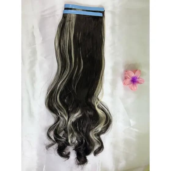 Mega Hair Adesivo Cabelo Orgânico Preto Com Luzes Ondulado 65/70 cm c/ 2 Tiras