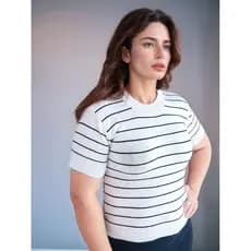 Blusa Feminina Listrada Manga Curta Estilo Old Money