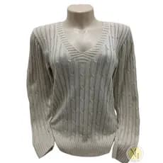 Blusa Trançada Manga Longa Decote V Suéter Feminino em Trico