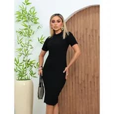 Vestido Midi Liso Tricot Canelado Manga Curta Moda Evangélica Feminina
