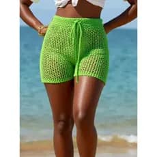 Shorts de Praia Tricot Ponto Crochê Vazado Moda Verão