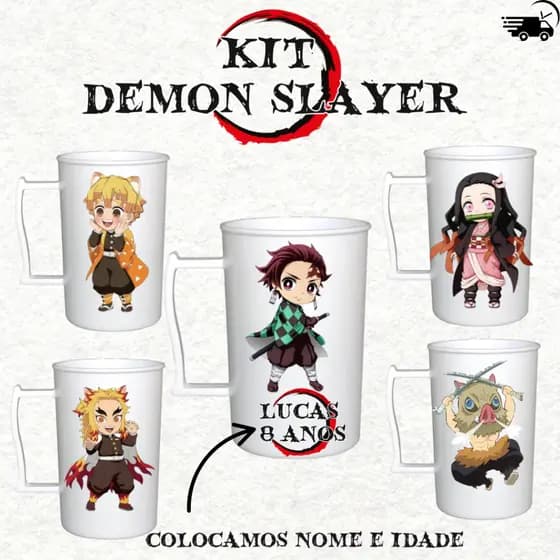 kit lembrancinha demon slayer caneca personalizada 400ml - geek - anime