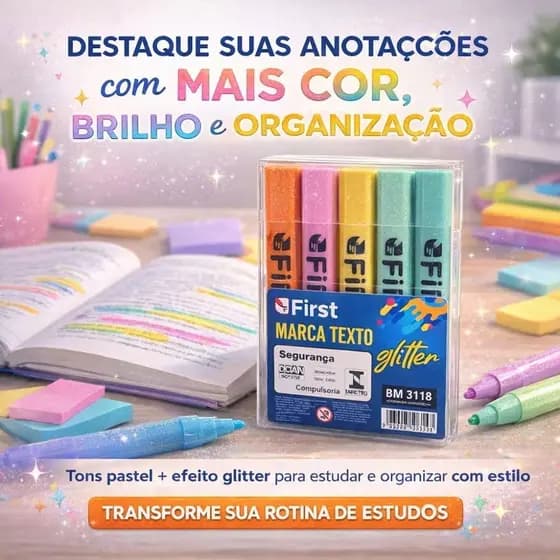 Marca Texto Glitter Pastel First Kit 4 Unidades Escolar Escritório
