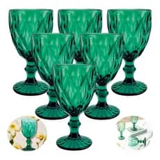 Jogo 6 Taças de Cristal  260 ml Diamond Jade Verde Rosa Azul Diamante Luxo