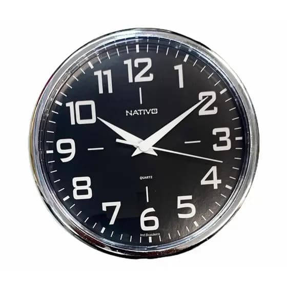 RELÓGIO DE PAREDE REDONDO METALIZADO CROMO 23 cm NATIVO