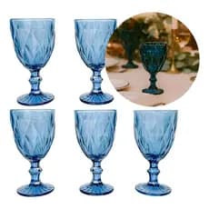 Jogo 6 Taças de Cristal 260 ml Diamond Azul Lapidado Luxo