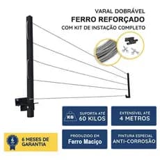 Varal de Parede Retrátil Reforçado em Ferro  Kit de Instalação Incluso  Varal de Roupas Dobrável