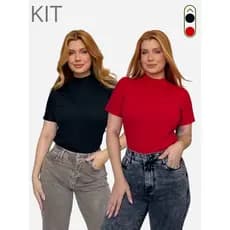 Kit 2 Blusas Feminina Gola Alta T-shirt Camiseta Básica Lisa Elegante Algodão Premium
