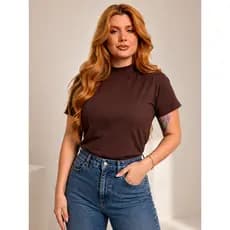 Blusa Gola Alta T-shirt Feminina Camiseta Básica Lisa Manga Curta 100% Algodão Casual