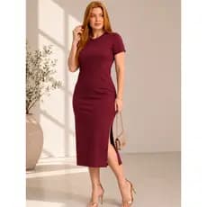 Vestido Feminino Midi Manga Curta Fenda Lateral Confortável Elegante Casual