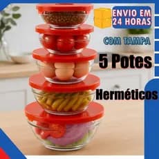 Kit 5 Potes de Vidro Herméticos Bowl Conjunto 5 Potes de Vidro Com Tampa Sortido