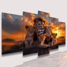 Kit Quadro Decorativo Leão E Leoa Com Filhotes Por Do Sol Familia Mosaico Lindo Sala Quarto Cozinha