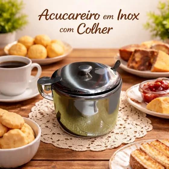 Açucareiro Com Colher Inoxidável Capacidade 420ml Grande Servir Resistente