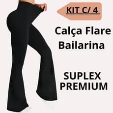 Kit c/ 4 Calça Flare Bailarina Cintura Alta Modela Bumbum Boca de Sino P ao GG Suplex Preta ou Cinza
