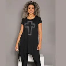 Blusa Maxi Veste Ponta Estampa Cruz Explosão strass