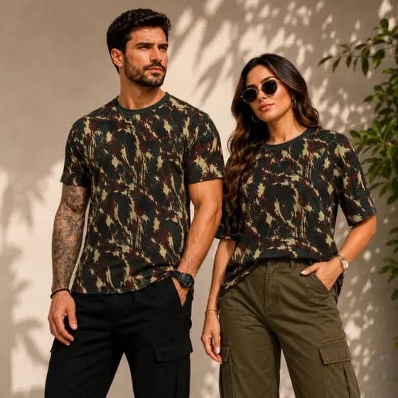 Camiseta Camuflada Exército Casual Streetwear Manga Curta Unissex