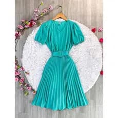 Vestido plissado  liso MIDI Rodado Moda Evangelica com cinto 049