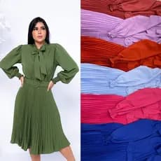 Vestido plissada MANGA LONGA MIDI Rodado Moda Evangelic com cinto cod 102