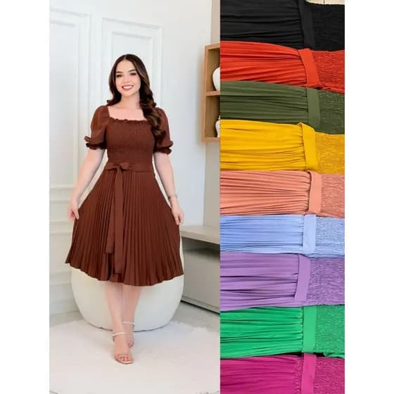 Vestido Plissado Midi Cintura Elastex