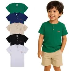 Camiseta Infantil Menino Estilo Gola Padre Henley Casual Masculino Premium L15