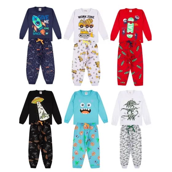 Kit Sortido 3 Pijama Comprido Infantil Menino - 3 Camisas + 3 Calças - Kit 3 Pijamas Roupa Infantil Menino Inverno Bebe