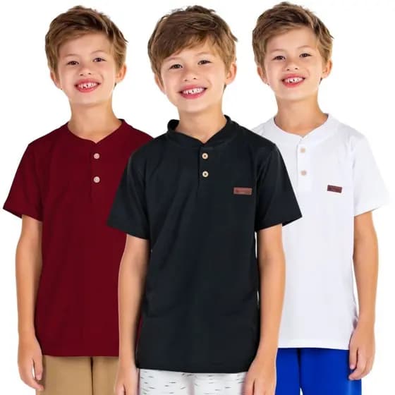 Kit 3 Camiseta Infantil Menino Estilo Gola Padre Henley Casual Masculino Premium