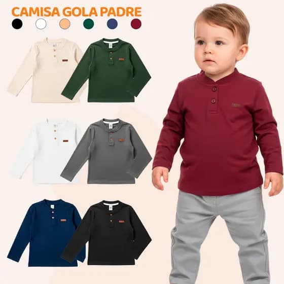 Kit 2 Camiseta Manga Longa Sortidas Social Bebê Menino  Gola Padre Henley Casual Camisa Bebê Estiloso Masculino Premium