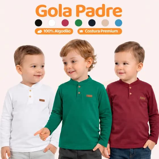 Camiseta Manga Longa Social Bebê Menino Gola Padre Henley Casual Camisa Bebê Estiloso Masculino Premium Roupa Bebê L14