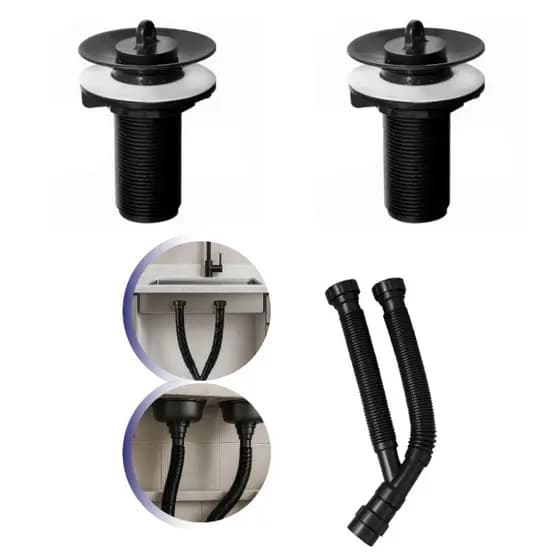 Sifão Duplo Preto Sanfonado + Válvula Tanque/Lavátorio ABS Preto Kit Sifão Duplo Preto + 2 Válvulas