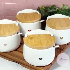 Saleiro de Porcelana -  tampa de Bambu - Minimalista - ACOMPANHA COLHER