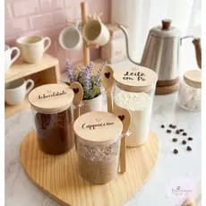 Pote Hermético Personalizado - TAMPA DE BAMBU E COLHER - 3 Tamanhos - Cantinho do café - LEIA A DESCRIÇÃO