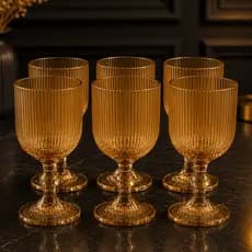 Jogo 6 Taças Vidro Canelado Vinho Drinks Suco Água 390ml Ambar Dourada