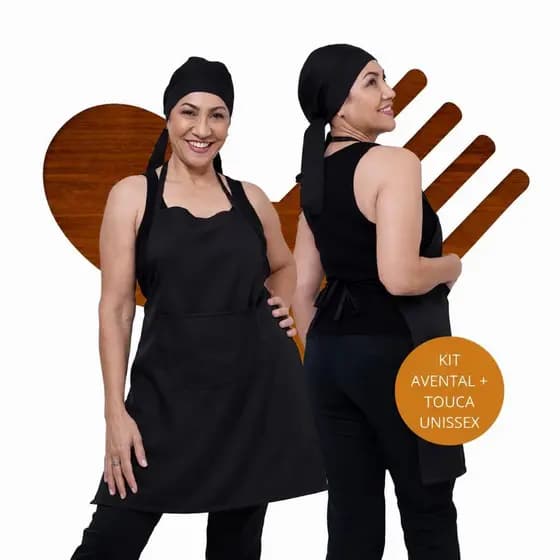 Kit Com Avental e Touca Bandana Unissex Churrasqueiro Cozinha Restaurante Garçom