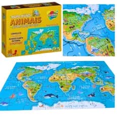 Quebra Cabeça Mapa Mundi Animais  119 Peças em MDF Brinquedo Educativo e Pedagógico