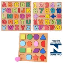 Kit 3 Quebra Cabeças Educativos MDF Alfabeto Números e Formas Geométricas Brinquedo Montessori