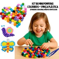 Kit Sensorial Educativo Montessori 100 Mini Pompons Coloridos + Pinça Plástica  Coordenação Motora