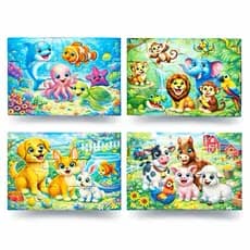 Kit 4 Quebra Cabeça Mdf 9 Peças Infantil Animais da Fazenda Floresta Mar e Domésticos Educativo