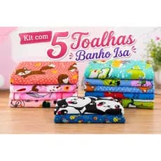 Kit com 5 Toalhas Infantis Personagens Kids Baby De Banho Isa 100% microfibra 65x120cm