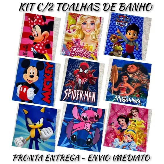 Kit com 2 Toalhas de Banho Estampadas Variadas Personagem Infantil Menino e Menina 0,70cm x 1,40cm